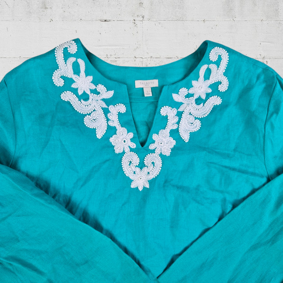Talbots Teal Green Beaded Embroidered V Neck 3/4 Sleeve Linen Blouse Size Large - Picture 2 of 7